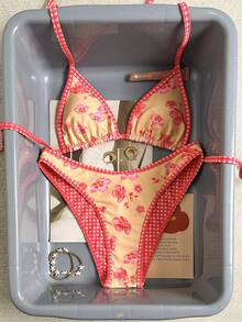 女士印花比基尼沙滩套装，夏季度假泳装及沙滩装 - 彩色 - 查看 6