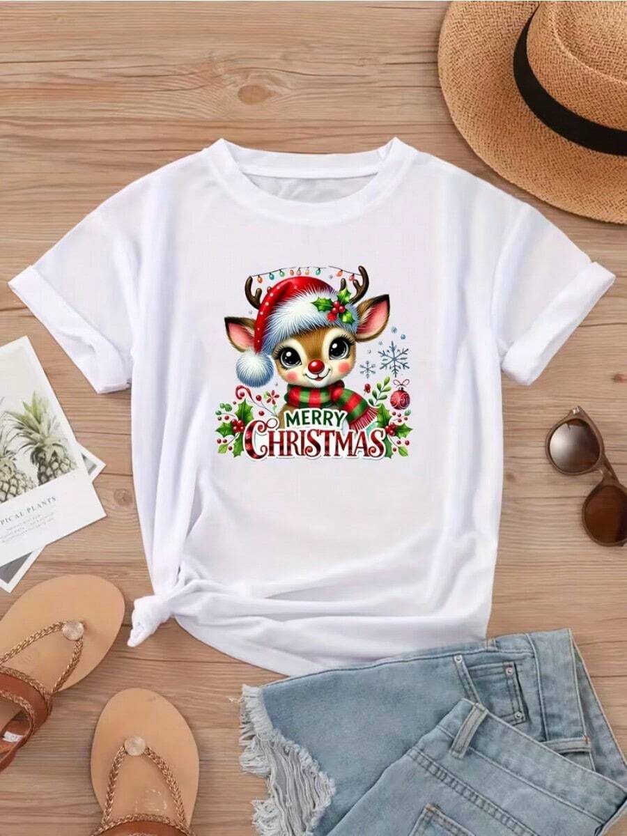 Camiseta casual de mujer con estampado de renos navideños, cómoda camiseta de cuello redondo de manga corta, adecuada para usar en primavera y verano, fiestas navideñas y atuendos de invierno, adecuada para cualquier ocasión, color sólido, estilo casual, fiesta de Navidad, reunión familiar, uso diario. - Blanco - Ver 1