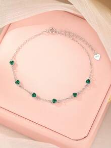1pc Luxury 925 Sterling Silver Cubic Zirconia Heart Pendant Bracelet, Emerald Green High-End Fashion Jewelry, Adjustable Chain Anklet, Elegant Jewelry Gift For Friends, Mothers, Wives, Daughters, Christmas, Birthday, 1.45g/0.051oz - White Gold - View 11