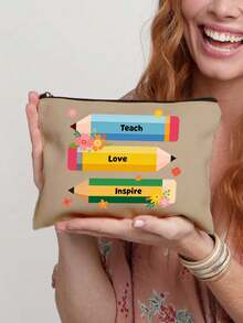 Teacher's Day Gift - Zippered Cosmetic And Toiletries Organizer Bag, Cute Pencil And Floral Pattern (Teach/Love/Inspire) - Lightweight Organizer Bag, Suitable For Teachers, Schools, And Travel - Machine Washable, Perfect For Graduation Season, Back-To-School Season, And Teacher's Day. Educational Theme Design, Lightweight Material, Back-To-School Essential, Stylish Accessory, Durable Fabric, Cosmetic Organizer, Perfect Choice For Thanksgiving. - Multicolor - View 14