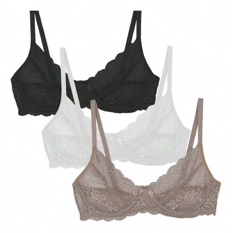 Set Of 3 Lace Bras Without Padding With Underwire Sigh Balconette - vitt, svart och beige - Visa 1