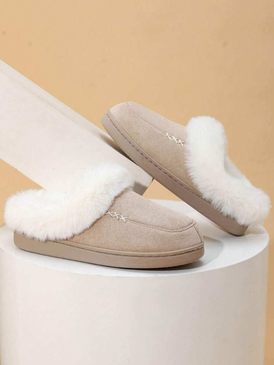 女士纯色休闲针织面料保暖流苏边饰简约舒适防滑家居拖鞋，冬季