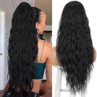 Extensiones de cola de caballo rizada y ondulada de 26 pulgadas, pieza de cabello sintético con aspecto natural y esponjoso para uso diario con clip para mujeres