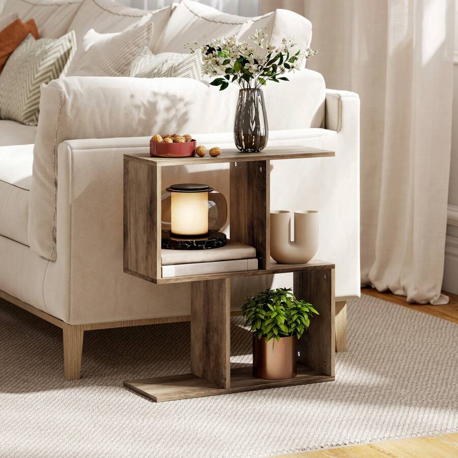 HOMCOM S-Shaped Side Table, 3-Tier Narrow End Table With Storage Shelves, Modern Nightstand For Living Room, Bedroom, 50W X 19.5D X 58H Cm - 黃色 - 查看 1