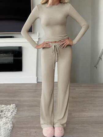 Women's Two Pieces Fall Women Clothes Y2K Sporty Casual Home Solid Color Fitted Long-Sleeved T-Shirt And Long Pants Set