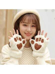 Cat Paw&Pure White Style Cozy Winter Mittens - Soft Plush Fluffy Flip Cover Mittens Warm Soft Half Finger Fingerless Gloves Soft, Windproof, Casual Weekend Wear, Thick, Warm, And Comfortable Hand Protection, Christmas Personalised Gifts For Women, Funny Gifts For Teenager - Multicolor - View 10