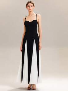 EVERPRETTY Elegant Chiffon Sweetheart Neck Sleeveless Black&White Color Long Bridesmaid Dress For Women Wedding Party Prom Semi Formal - Black and White - View 5