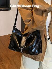 Y2K复古时尚腋下包，高端通勤斜挎包，大容量摩托车单肩包 - 黑色 - 查看 4