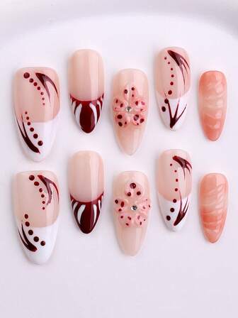 10ชิ้น/ชุด เล็บปลอมทรงอัลมอนด์ แฮนด์เมด แบบกด ติดง่าย สไตล์ฝรั่งเศส เล็บปลอมประดับดอกไม้ 3D พร้อมกาวและอุปกรณ์ สำหรับใช้ในชีวิตประจำวัน/ปาร์ตี้ ชุดเล็บปลอมสำหรับผู้หญิง