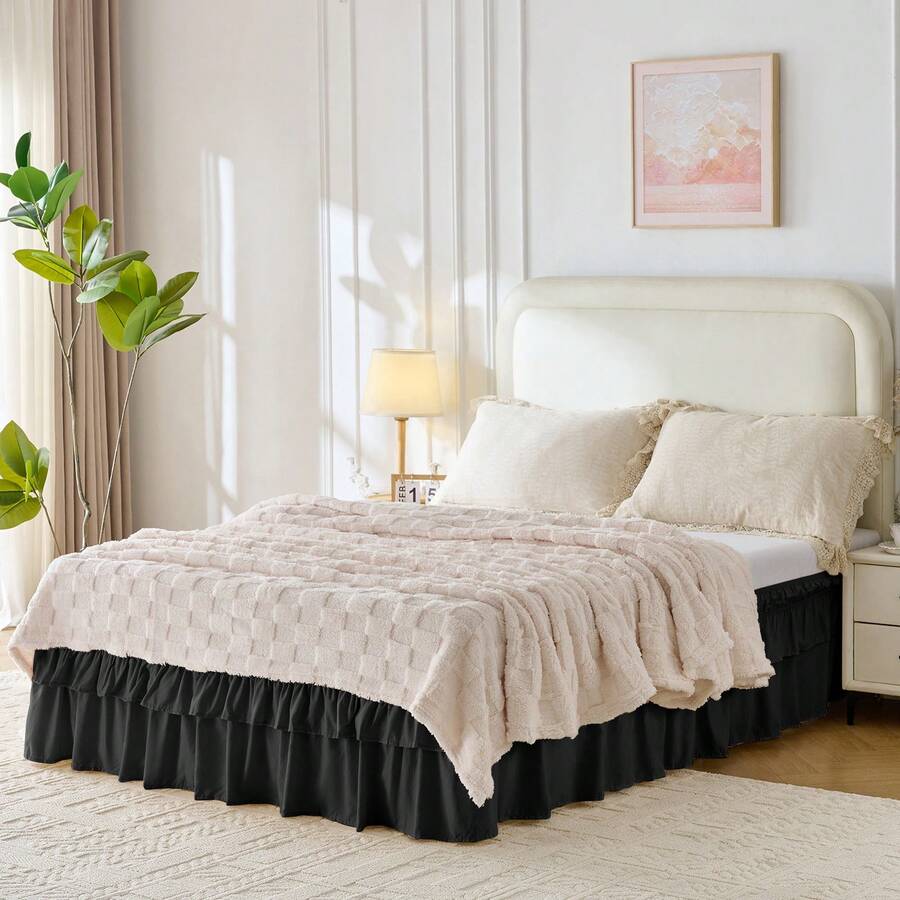 VOLTITO Multi-Layer Ruffle Bed Skirt 16 Inch Drop, Elastic Wrap Around Bed Skirts For Twin Full Queen King CK Size Bed, Easy To Install Dust Ruffle, Machine Washable Soft Fabric, Double Layers Bedskirt - 黑色 - 查看 1