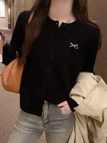 Women's Solid Color Round Neck Loose Embroidered Front Button Casual Cardigan, Autumn/Winter - Black - View 4