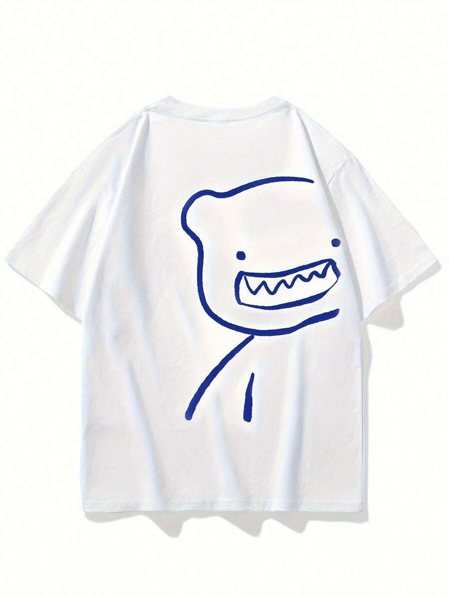 Men'S Cute Bear Face Graphic T-Shirt - Soft Everyday Casual Tee For Teens & Adults - Lightweight Summer Shirt - White With Blue Line Art Design - Layering Essential For Outfits, Playful Design, Comfortable Fit, Streetwear Style,  Top, Breathable Material, Short Sleeve Top, Teen Clothing - White - View 1