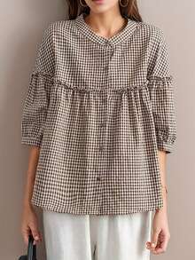 Retro Stylish Loose Plaid Plus Size Casual Shirt - Khaki - View 1