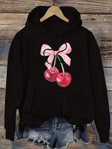 Women's Casual Black Hoodie With Pink Bow And Cherry Print - Drawstring Hooded Sweatshirt With Pockets, Machine Washable, Suitable For Spring, Summer, And Autumn - Black - View 1