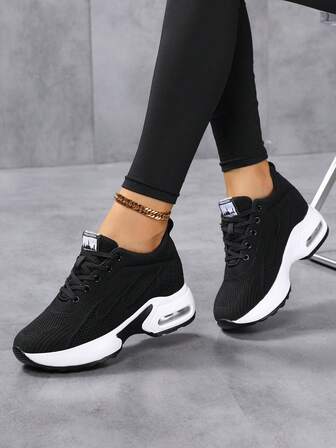 New Thick Sole Black Casual Sports Chunky Sneakers, Versatile Platform Sneakers, Soft Bottom Sports & Travel Shoes For Women
