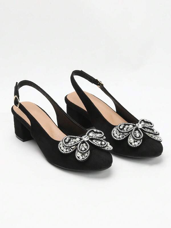 Zapatos de moda con lazo de strass y espalda descubierta para mujer, primavera/verano. Sandalias cómodas y versátiles de tacón bajo Mary Jane con correa de tobillo elegante, tacón alto negro