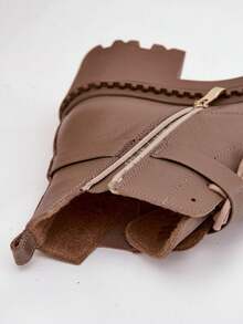 Damskie Botki Skórzane Na Stabilnym Klocku Z Ozdobnym Paskiem I Zamkiem - Idealne Na Codzień Zielony Brązowy Beżowy - Beżowy - Zobacz 10