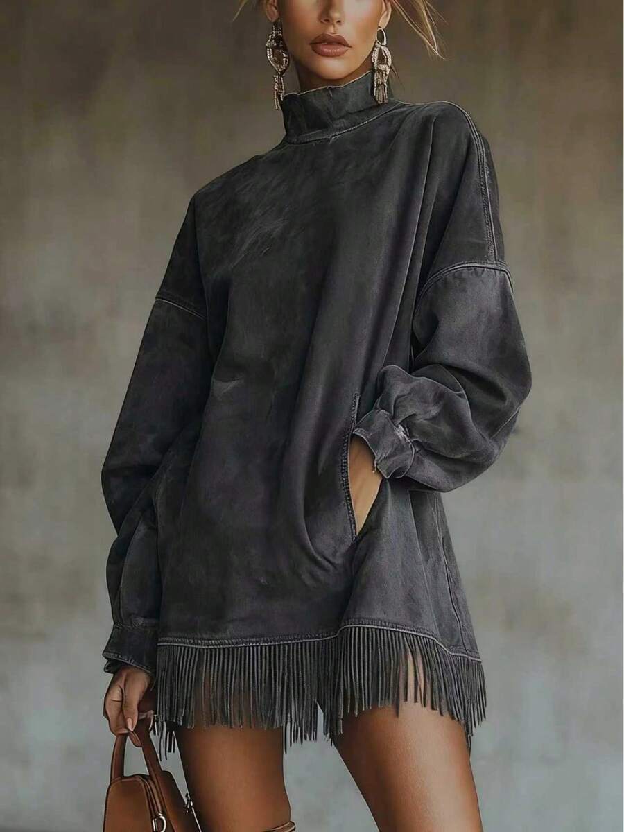 2 High-Necked Suede Fringed Dress With Loose Long Sleeves & Pocket Design.Three-Dimensional Cut Shape.Fall/Winter Relaxed & Fashionable Item - Màu xám đen - Xem 1