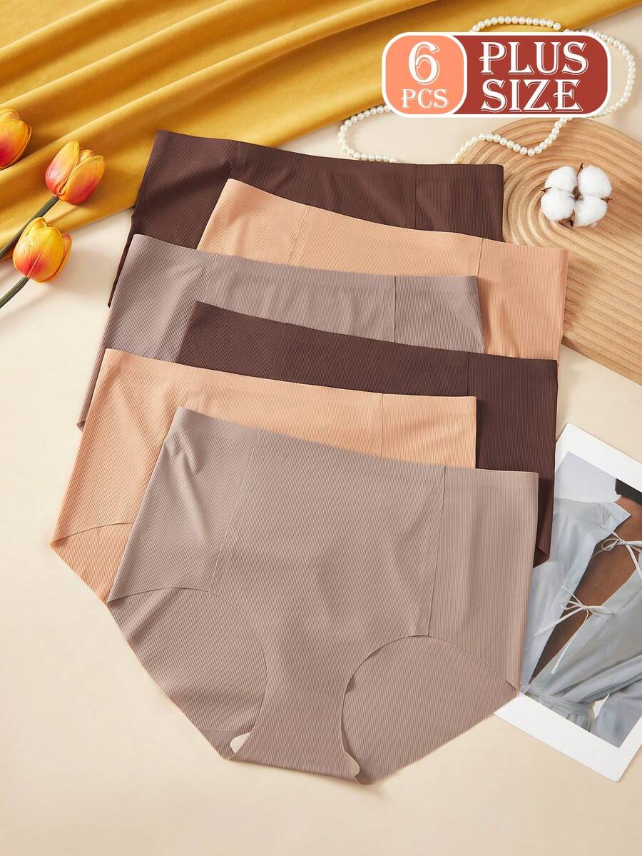 6pcs Plus Size Seamless Ribbed Breathable High Elasticity Comfortable Thin Hipster Panties For Women, Earth Tone - Multicolor - View 1