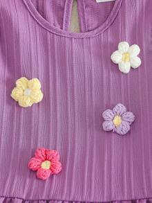 2pcs/Set Young Girls' Floral Decor Hem Racerback Tank Top + Solid Wave Pattern Minimalist Shorts Set, Fresh And Cute Summer Outfit - Purple - View 4