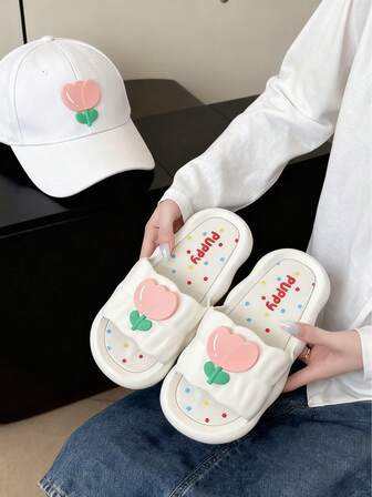 Rosa tulpanälv-stil puderblå tofflor, unisex, bekväma mjuka PVC-material inomhustofflor med halkfri sula, sött prickigt mönster