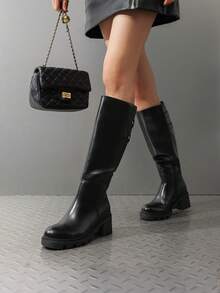 Women's Motorcycle Buckle Knee-High Boots Round Toe Side Zipper Low Block Heel  Party Comfortable Boots For Fall And Winter - màu đen - Xem 4