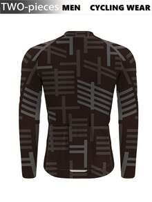Men's Colorblock Geometric Pattern Long Sleeve Zipper Cycling Jersey And Tight Pants Set, Cycling Outfit - Black - View 2