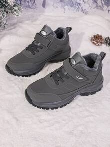 Men's Solid Color Casual Outdoor PVC Synthetic Leather Hook And Loop High-Top Hiking Boots, Anti-Slip Durable Thick Fur Lining Warm Insulated Shoes For Autumn/Winter