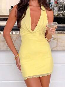 Onicee 女士夏季连衣裙，时尚性感露背纯色挂脖网纱紧身连衣裙，适合情人节、约会、聚会、派对、旅行、度假、海滩等场合。 - 黃色 - 查看 3