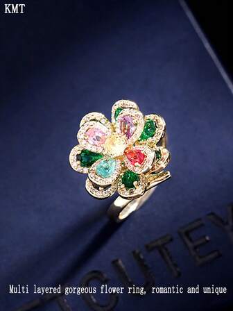 1 st. kopparinfälld kubisk zirkonia flerskiktad delikat blomma lyxig elegant öppen ring, lämplig för fester, dejter och andra vardagliga tillfällen, kan ge vitalitet till söta och tjejiga outfits; passar även vår-/sommaroutfits, favorit bland dem som älskar färgglada och söta smyckesstilar