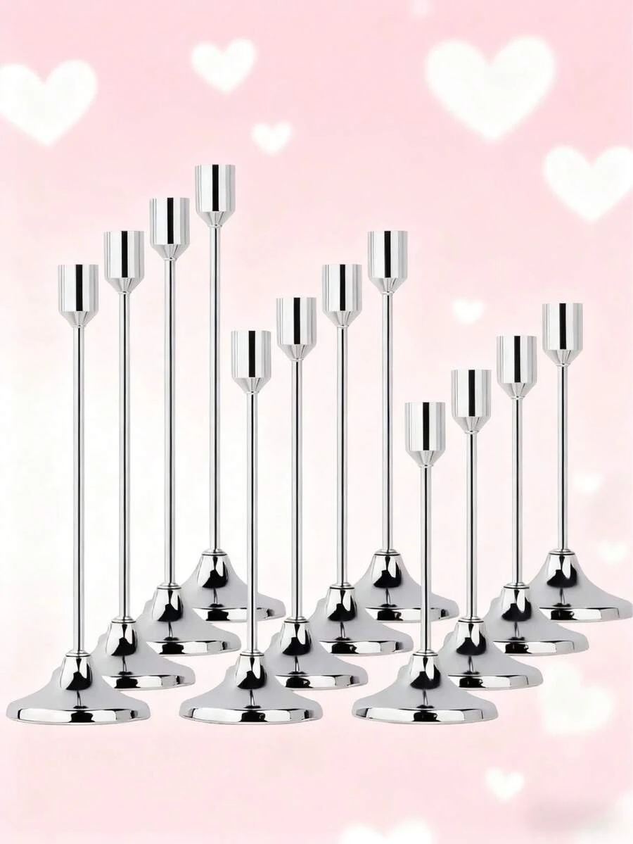 Simple Gold Metal Tapered Candle Holders - Romantic European-Style Decor For Home Candlelit Dinners, Weddings, Room Decor, Home Decor, And Multi-Occasion Holiday Table Decor. Perfect For Christmas, Halloween, Easter, Thanksgiving, Weddings, Banquets, Parties, As Well As Home And Hotel Decorations. Durable And Easy To Assemble. (Candles Not Included) - 銀色 - 查看 1