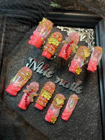 10pcs Long Square Nails,Pink Nail,White&Pink French,3DThree Dimensional Dragonfly&Rose&Flower&Butterfly&Chain Bead& Color Diamond And Other Nail Decoration Accessories,Hand Drawn Geometric Patterns Of Water Droplets,Y2k Style Nail Art Set,Suitable For Women To Wear Daily Parties Valentine's Day (Includes: A Piece Of Jelly Glue And A Friction Strip)