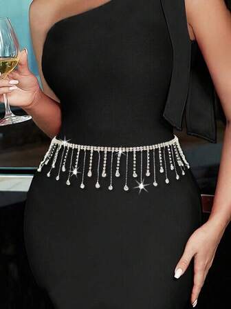 1pc Women's Luxurious Rhinestone Waist Chain, Tassel Decor Chain Belt, Suitable For Dresses, Bridal Wedding, Birthday Party, Prom, Holiday Gift