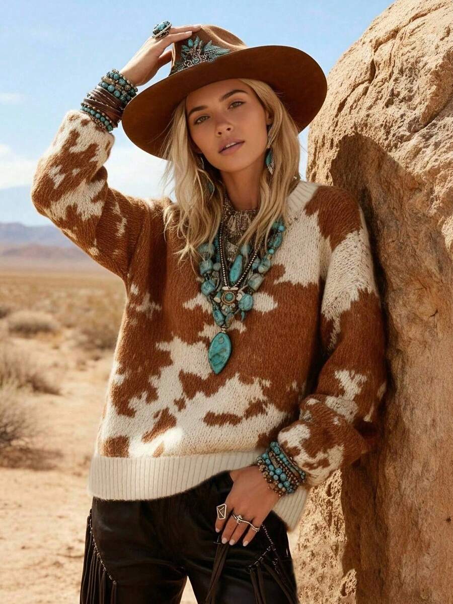 2025 Autumn/Winter New Women's Fashion Cow Print Western Cowgirl Style Colorblock Asymmetric Pattern Loose Wool Knit Pullover Sweater Vacation