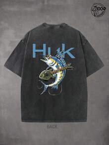 Retro HUK Fishing T-Shirt With Swordfish Playing Guitar On The Back, Daily Y2K Style Outfit, Fishing Enthusiast, Streetwear,Fun T-Shirts, Men's And Women's T-Shirts, Fishing Wear; Suitable For Outdoor Sports And Daily Wear, Streetwear, 230G Washed Cotton T-Shirt, Huk T-Shirt,Comfortable, Men's Gift - Black - View 2