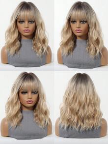 14 Inch Brown Rooted Blonde Curly Wig With Bangs, Women's Synthetic Heat-Resistant Wig, Suitable For Daily Wear, Parties In Summer, Natural Appearance. (Please Note The Wearing And Maintenance Methods. Due To Lighting And Angle During Shooting, The Actual Product Color May Differ Slightly From The Picture.) - Multicolor - View 6