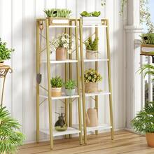 HaluPeit 4/5-Tier Ladder Shelf, Bookshelf Bookcase, Freestanding Corner Storage Shelve With 2 Hooks For Home Office, Living Room, Kitchen, Bedroom, Industrial,Home Decor, White And Gold - Vàng - Xem 6