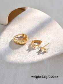 Nooxian 3pcs/Set Fashionable Striped Zirconia Four-Leaf Clover Stud Earrings Set, Suitable For Women's Daily And Holiday Wear - Yellow Gold - View 6