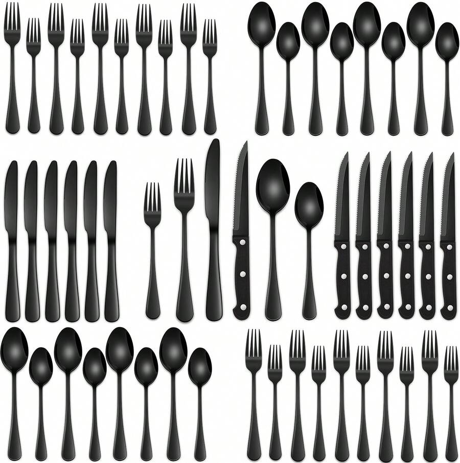 24/48 Pieces Black Stainless Steel Silverware Sets With Steak Knives Service For 8,Includes Knife Spoon And Fork Eating Utensils Set For Kitchen,Flatware Sets For Hotel And Restaurant - 彩色 - 查看 1