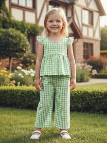 Toddler Baby Girls Spring Summer 2PCS Pants Sets Flying Sleeve Button Up A-Line Plaid Tops Pants Outfits Cute Simple Leisure Daily Clothes Ideal For 12Months-5Years - 綠色 - 查看 5