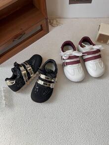 1 Pair Casual & Fashionable Children's Sports Shoes, PU Leather Patchwork Upper, Soft & Comfortable, Lightweight, Convenient Hook And Loop Closure, Contrast Color Design, Simple & Versatile, Suitable For All Seasons