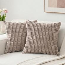 Volcanics Pack Of 2 Corduroy Decorative-Throw-Pillow-Covers-18x18, Soft Striped Square Cushion Cases, Modern Farmhouse Boho Home Decor, Mocha Brown,18inchx18inch(Packof2),MochaBrown - 摩卡布朗 - 查看 1