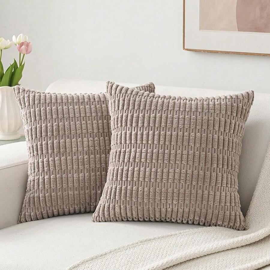 Volcanics Pack Of 2 Corduroy Decorative-Throw-Pillow-Covers-18x18, Soft Striped Square Cushion Cases, Modern Farmhouse Boho Home Decor, Mocha Brown,18inchx18inch(Packof2),MochaBrown - 摩卡布朗 - 查看 1