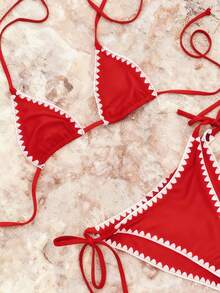 Ensemble de bikini femme avec empiècement coloré et volants, avec bonnets triangulaires réglables et design à nouer, convient pour les vacances à la plage et le style rétro - Rouge - Voir 6