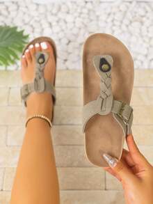 1 Pair Solid Color Elegant Casual Slip-On Flat Sandals, Suitable For Outdoor And Indoor Wear In Summer - Khaki - View 6