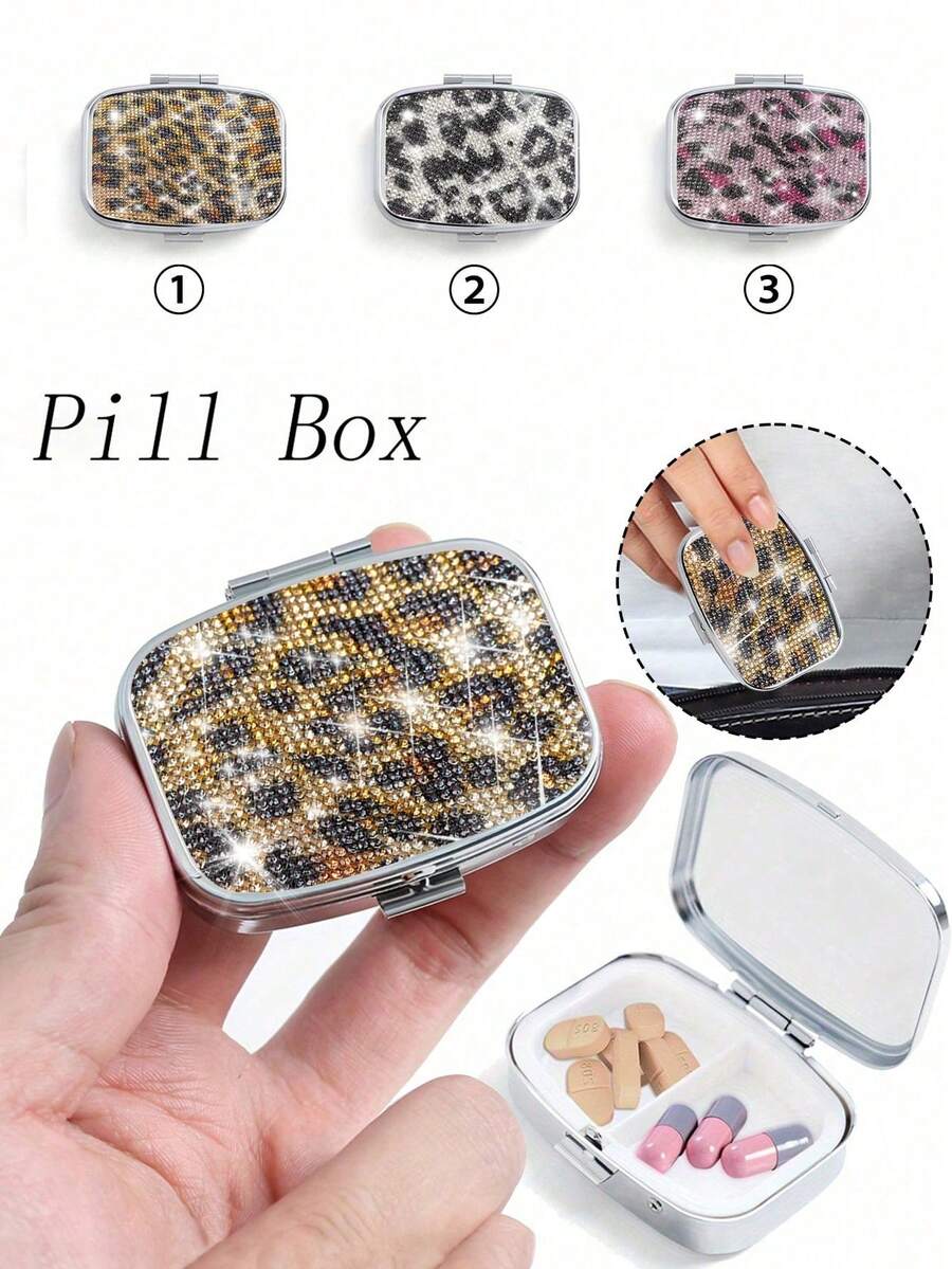 奢华闪耀钻石便携式方形药盒，双隔层设计，可作药盒、首饰收纳盒和化妆镜使用，豹纹、奶牛纹和粉色纹理图案可选，闪亮设计，迷你金属收纳盒，便携式首饰药盒，个性化创意礼品