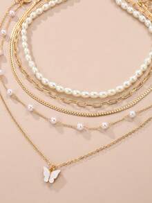 5pcs/Set Fashionable & Elegant Faux Pearl Butterfly Multi-Layer Necklace Set, Versatile For Daily Wear And Dates - Multicolor - View 3