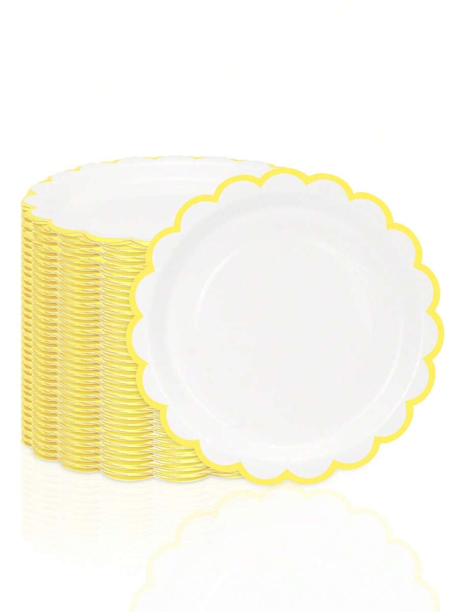10/20/50 chiếc đĩa giấy hình vỏ sò màu vàng và trắng, đĩa ăn tối viền vỏ sò màu vàng, đĩa tráng miệng, đĩa tiệc hình hoa màu vàng cho tiệc cưới, tiệc mừng em bé, tiệc sinh nhật, đồ dùng trang trí bàn - Nền trắng viền vàng - Xem 1