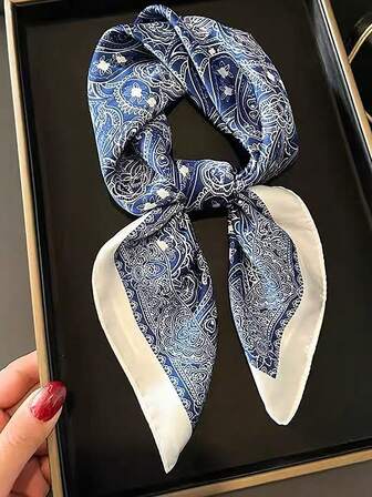 Lightweight Metal Horseshoe Chain Faux Silk 70cm Square Scarf, Spring/Summer/Autumn