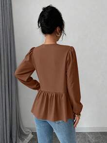 Women's Babydoll Peplum Blouse Shirt Puff Long Sleeve Bow Tie Front  Cute Y2K Going Out Tops - Brown - View 3